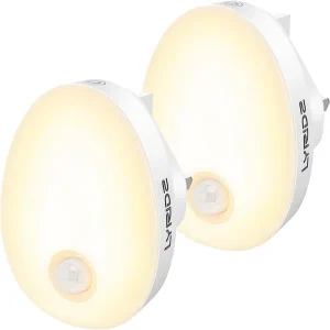 Lyridz 2 Pack LED Night Light Plug in Wall Mounted Motion Sensor Dimmable Warm White Auto On Off Mode for Nursery Kids’ Rooms