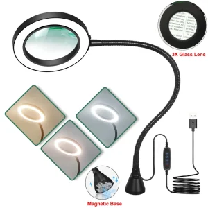 Magnetic Base Reading Desk Lamp 3 Color LED Light Level 10 Lighting Adjustment with 3X Glass Lens for DIY Close Work