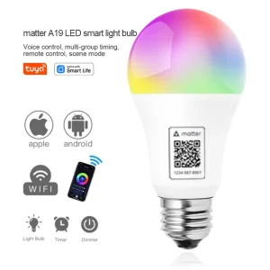 Matter 9W E26 E27 B22 RGB+CW LED Smart Bulb Dimmable 800lm Voice and App Control