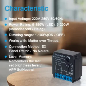 Matter Thread Dimmer 200W with Low Power Consumption in Static Mode and Wireless Google Assistant Control