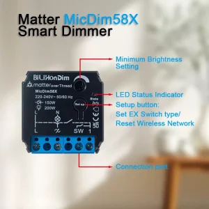 Matter over Thread Dimmer 200W Smart Home Wall-Mount Digital Box with Wireless Google Assistant Control, Plastic, 220V