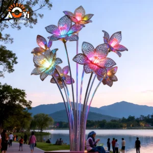 Metal Lily Flower Light Sculpture with RGB Color Changing LED for Lakefront Park and Tourist Scenic Spot Large Outdoor Landscape