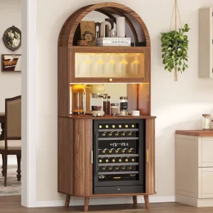 Mid-Century Arched Grooved Tall Wine Bar Cabinet with Fridge Compartment and RGB LED Lights