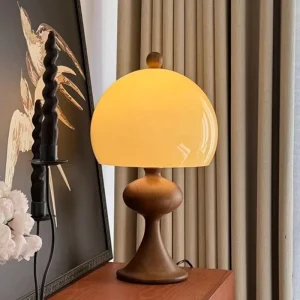 Mid Century Modern Mushroom Table Lamp with Wood Base for Bedroom Bedside Living Room