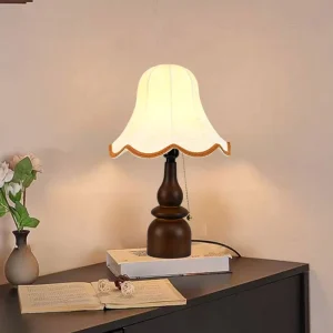 Mid Century Table Lamp Wooden Base Bedside Lamp with White Flared Shade Pull Chain Switch for Bedroom Study