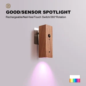 Mini 360-Degree Rotating Wooden Motion Sensor Wall Light RGB Color-Changing Rechargeable LED Night Light