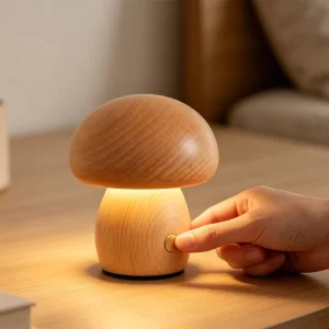 Mini Rechargeable Beech Mushroom Lamp Touch Dimmable 3000K Warm Light USB C Wooden Decor Gift Night Light