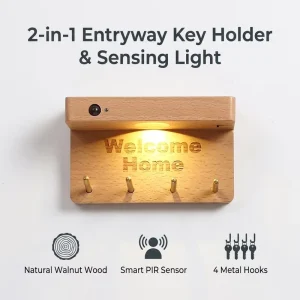 Mini Solid Wood Motion Sensor LED Wall Light with 4 Hooks, Rechargeable Magnetic Wireless Key Holder Night Lamp