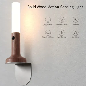 Mini Solid Wood Warm White LED Night Light Magnetic Motion Sensor Rechargeable Sconce for Bedside Nursery Bathroom