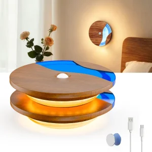 Mini Wood Moon LED Night Light with Battery Rechargeable Motion Sensor for Bedroom Closet and Hallway