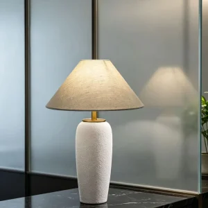 Minimalist Ceramic Table Lamp Soft Linen Shade Modern Bedroom Living Room Hotel Interior Decor Desk Light