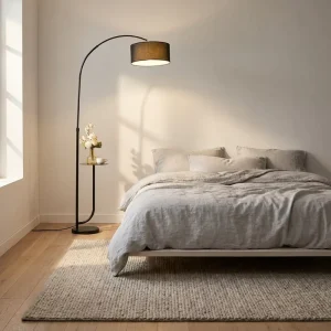 Minimalist European Design LED Arc Floor Lamp with Tray Table Modern Curved Standing Light Fabric Drum Shade Black Finish