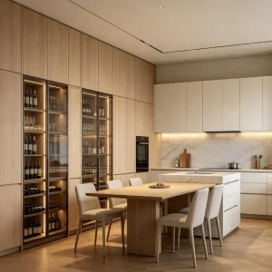 Minimalist Light Wood Full Wall Handleless Storage Eco Friendly Fire Resistant Wooden Kitchen Storage Cabinet
