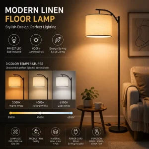 Minimalist Linen Covered Floor Lamp for Bedroom European Style Bedside LED Floor Lamp Living Room Sofa Lamp