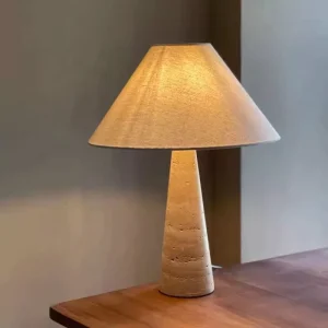 Minimalist Natural Yellow Travertine Table Lamp for Hotel Bedroom Bedside Decor Reading Table Lamp with Linen Fabric Shade