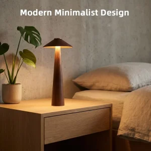 Minimalist Solid Wood Table Lamp with Premium Leather Shade Stepless Dimming Rechargeable Night Light for Bedroom Cafe Decor
