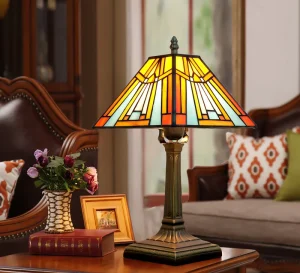 Mission Style Amber Brown Stained Glass LED Table Lamp Vintage Tiffany Desk Hotel Office Bedroom Living Room Metal Table Lamp