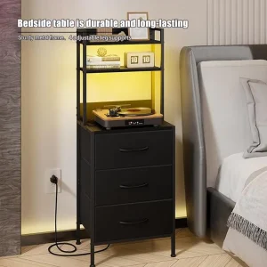 Modern 40cm Fabric Nightstand Black Wood Grain Rectangular 3 Drawers Shelf Socket Lamp for Bedroom