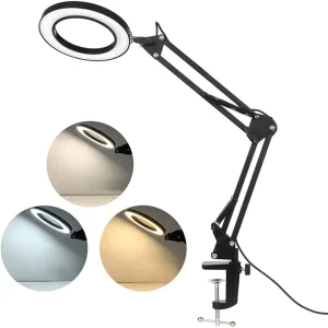 Modern 5X LED Magnifying Glass Desk Lamp Metal Swing Arm 3 Lighting Modes Dimming Clamp Desk Lamp