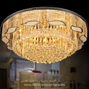 Modern 80-LED Crystal Flush-Mount Chandelier, Metal, Round, Gold Finish, for Bedrooms
