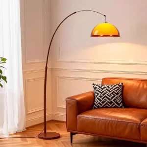 Modern Arc Floor Lamp with Amber Dome Shade Mid Century Overhanging Standing Lamp for Living Room Sofa Reading Light Home Decor