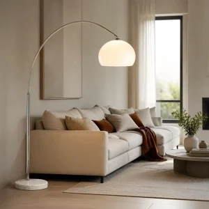 Modern Arched Curve LED Standing Floor Lamp Chrome Marble Base for Living Room