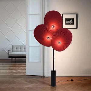 Modern Artistic Red 3 Petals Pleated Fabric Floor Lamp with Black Iron Base for Living Room Dining Room Villa Hotel Bedroom