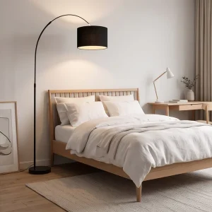 Modern Black Arc Floor Lamp with Fabric Shade Adjustable Tall Standing Lamp for Living Room Bedroom Home Office Decor