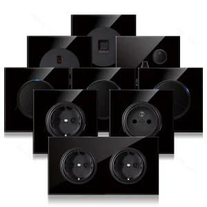 Modern Black Round Tempered Glass Wall Light Switch EU French UK Electrical Socket Reset Button with LED Indicator