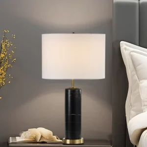 Modern Black and White Marble Table Lamp Fabric Desk Bedside Lamp with Hotel Home Lighting for Bedroom or Office