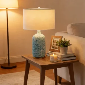 Modern Blue Glazed Ceramic Table Lamp for Bedroom Living Room Home Decor Nordic Style Bedside Desk Lamp with White Linen Shade