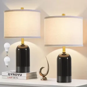 Modern Ceramic Table Lamp Set of 2 Black Bedside Lamp 21.5″ Tall Nightstand Lamp End Table Lamps for Living Room Bedroom
