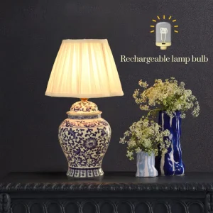Modern China Porcelain Cordless Table Lamp Rechargeable Fabric Shade E14 Custom Palace Hotel Home Decor Bedside