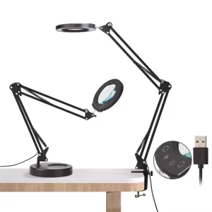 Modern Clip on Desktop 2 in 1 Adjustable Magnifying Glass Light Stand Touch Dimmer 5 Color Modes DC5V LED Desk Lamp for Work