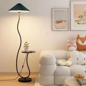 Modern Contemporary Design Pleated Fabric LED Floor Lamp with Storage Rack and E27 Base for Hotelbedroom Living Room Decor