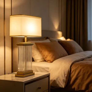 Modern Crystal Glass Table Lamp Luxury Bedside Lamp with Fabric Shade Gold Metal Base for Bedroom Living Room Hotel Decor