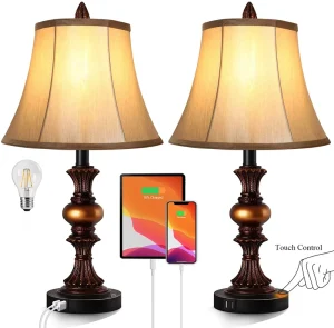 Modern Desk Table Lamps 3 Way Dimmable Touch Control Bedside Lamps with Dual USB Charging Ports Drum Shade Simple Design