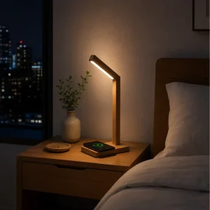 Modern Eco Friendly Wooden Wireless Charging LED Desk Lamp Adjustable Angle Foldable Eye Care Reading Light for Home Office