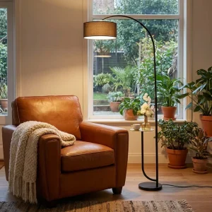 Modern European LED Floor Lamp with Shelves Adjustable Height Black Metal Fabric Covers
