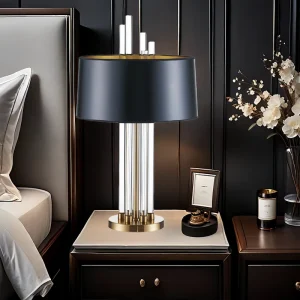 Modern European Rustic Crystal Glass Rod Table Light Bronze Hardware Iron Living Room Designer Black Fabric Flexible Dimmable AC