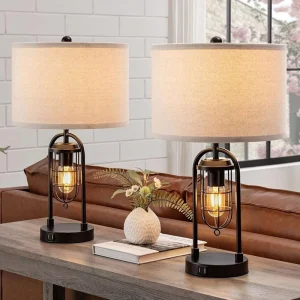 Modern Farmhouse USB Port Desk Lamp with E26 LED Night Light Warm White Eye Caring for Bedroom Living Room Includes Light Bulb
