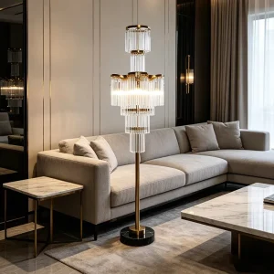 Modern Glam Brass Glass Marble Floor Lamp Tiered Crystal Rod High Brightness Standing Light for Home Living Room Bedroom Hallway