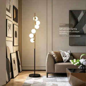 Modern Glass Balls LED Floor Lamp Gold Metal Standing Light with Marble Base for Living Room Bedroom Home Decor