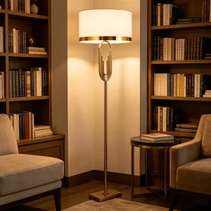 Modern Gold Metal Floor Lamp with White Fabric Shade Vertical Standing Light for Living Room Bedroom Hotel Decor