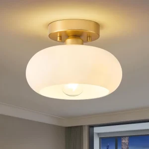 Modern Gold Semi-Flush Mount Ceiling Light with Glass Shade, Vintage White, for Entryway and Hallway