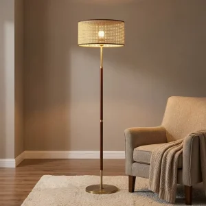 Modern Hotel Floor Lamp Natural Bamboo Woven Shade Iron Adjustable Height Tall Pole Floor Light Home Decor