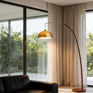 Modern Iron Arc Floor Lamp with LED E27 Base Amber Dome Shade Mid Century Standing Lamp for Living Room Sofa Reading Light