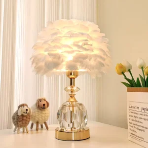 Modern Iron Frame Red Feather LED Table Lamp with Dimmable Warm White Light for Bedroom Use Fashion Design 220V