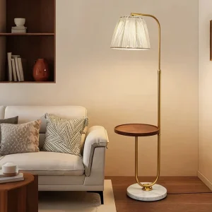 Modern Iron Wood Marble Floor Lamp with Fabric Drum Shade Adjustable Height Warm Light for Living Room