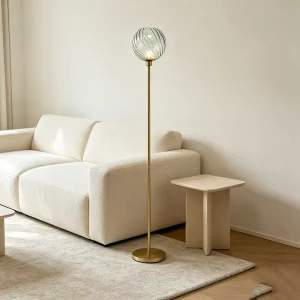 Modern Iron and Glass Floor Lamp with Transparent Swirl Globe Shade for Home Living Room Bedroom Hallway Decor